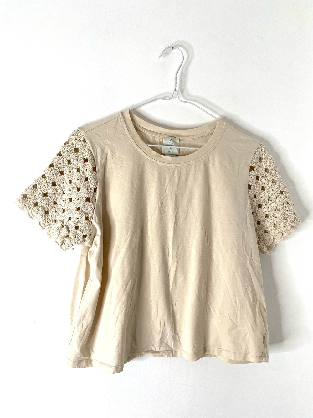Joie Almond Cream Crochet Sleeve Cotton Tee Floral Lace Boho Short Sleeve Top